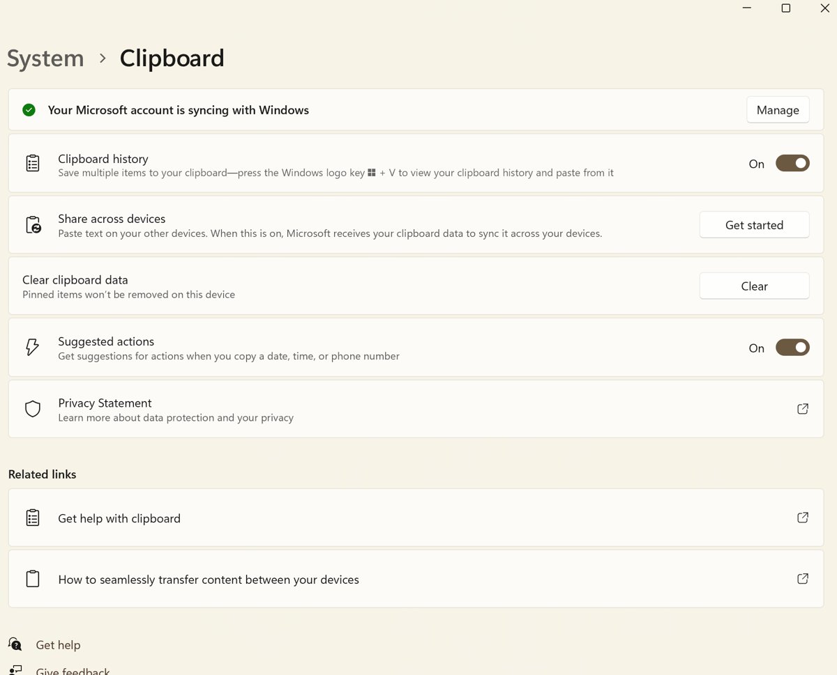 Windows 11 System and Clipboard settings page with Clipboard history switched on
