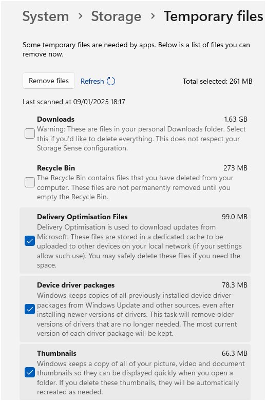 Windows 11 Temporary files cleanup list with Remove files button
