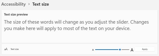 Windows 11 Text size slider with a live preview and Apply button