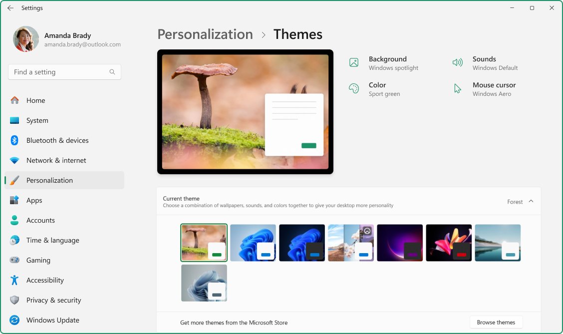 Windows 11 Themes settings page showing wallpaper, color, sound and cursor