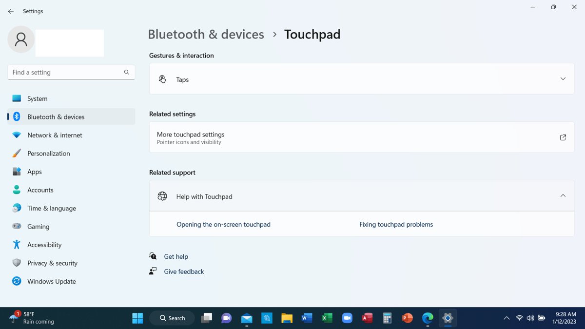 Windows 11 Touchpad settings page under Bluetooth & devices, with Taps listed