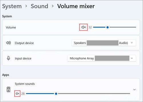 Windows 11 Volume mixer with System volume slider and Apps section