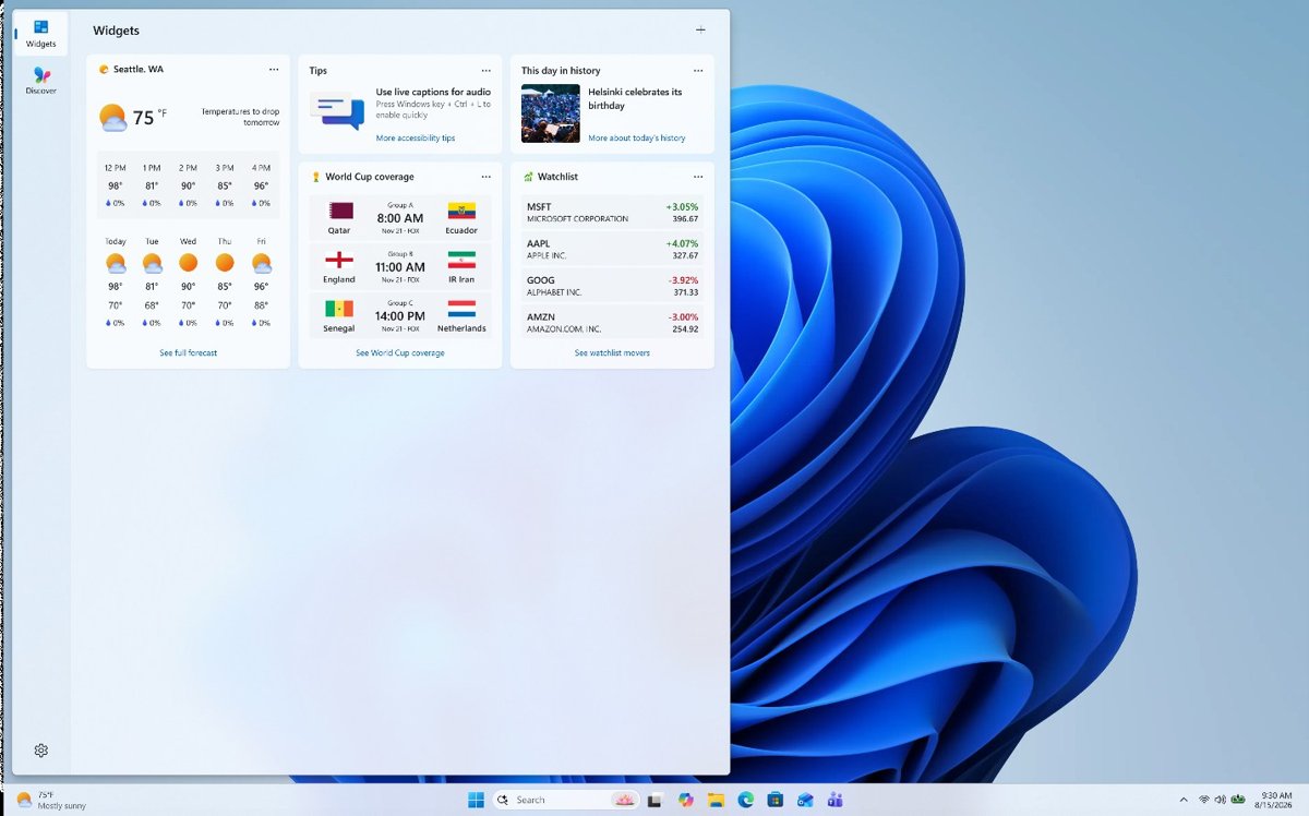 Windows 11 Widgets board showing weather, stocks and news cards