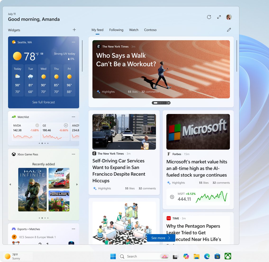 Windows 11 Widgets board with weather, stocks and a news feed open