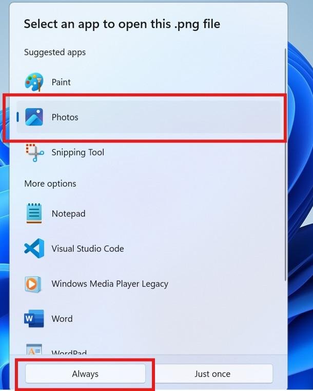 Windows 11 app picker dialog with the Always button highlighted