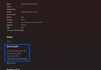 Windows 11 disk settings page with Drive health box showing remaining life