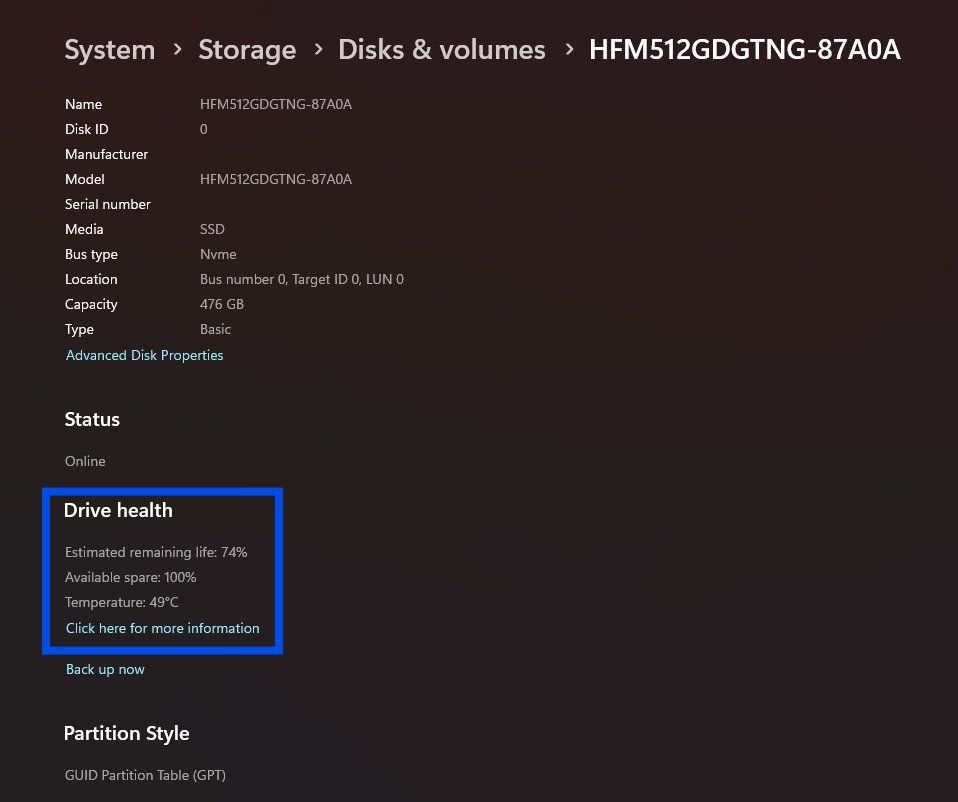 Windows 11 disk settings page with Drive health box showing remaining life