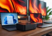 Windows 11 laptop connected to a compact USB dock feeding two monitors
