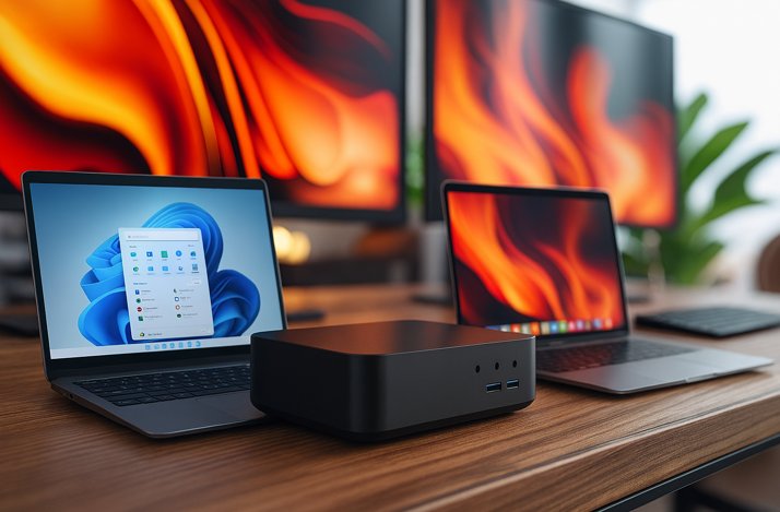 Windows 11 laptop connected to a compact USB dock feeding two monitors