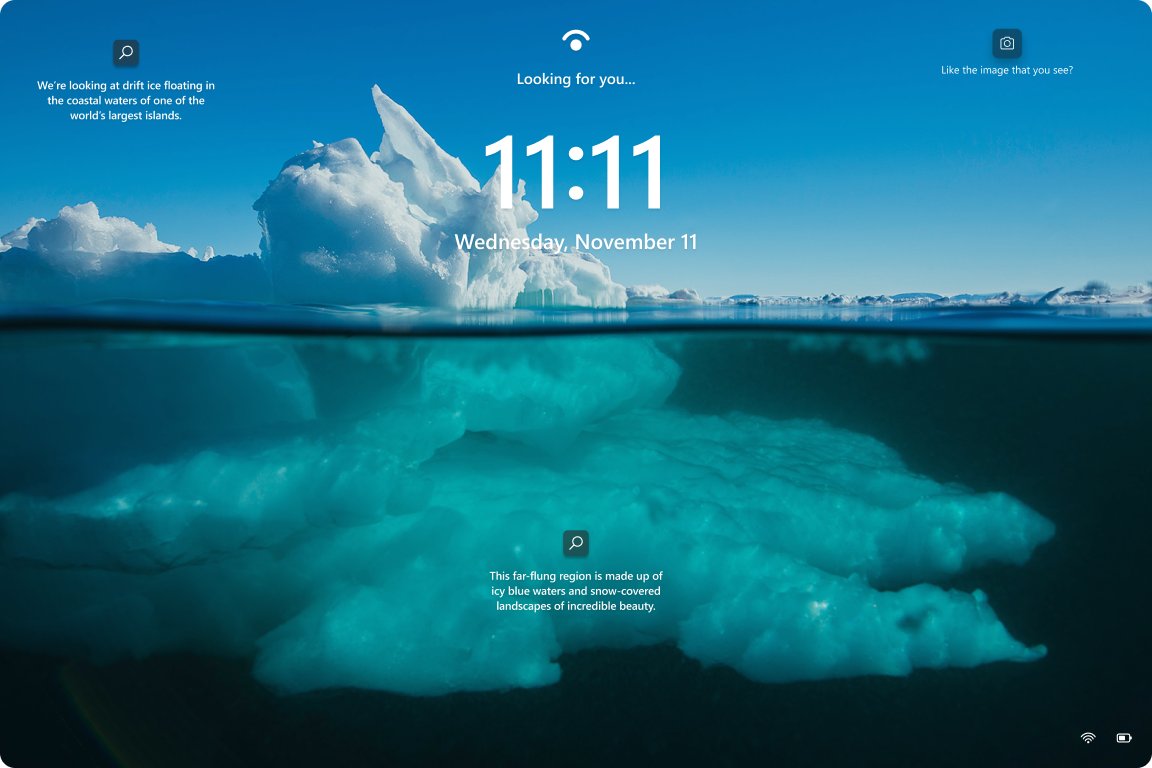 Windows 11 lock screen showing a Spotlight photo and caption
