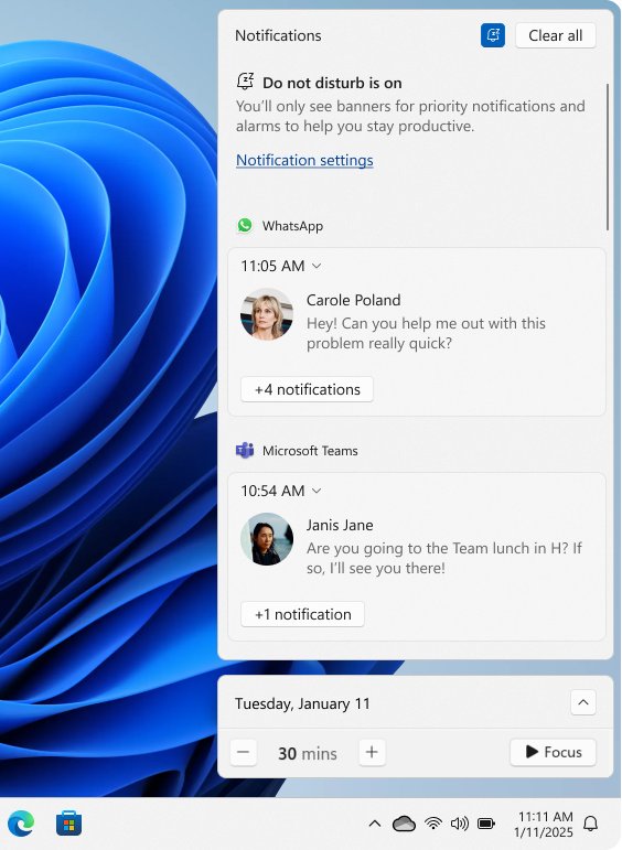 Windows 11 notification center with Do Not Disturb turned on