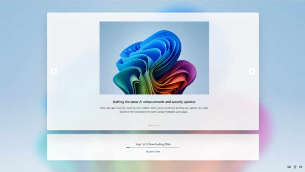 Windows 11 out-of-box setup progress screen with an Update later link