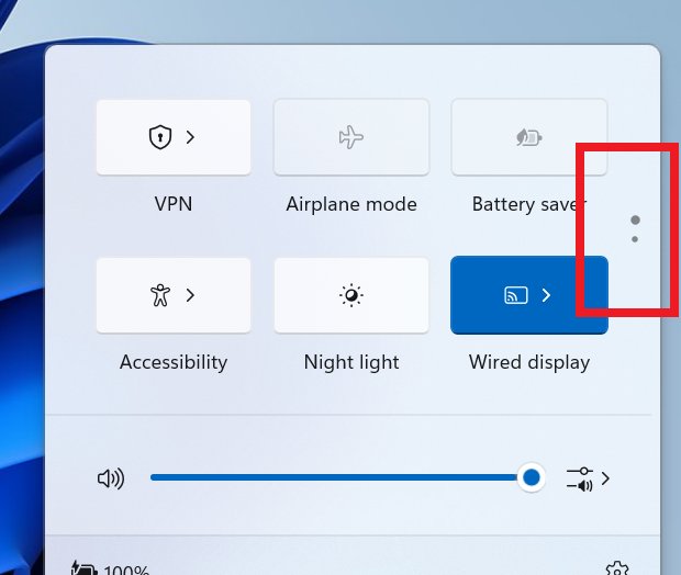 Windows 11 preview Quick Settings panel with page-indicator dots highlighted