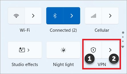 Windows 11 quick settings panel with VPN tile highlighted