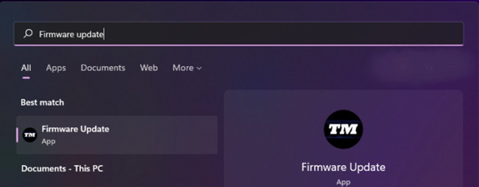 Windows 11 search results for Firmware update showing the Thrustmaster app icon