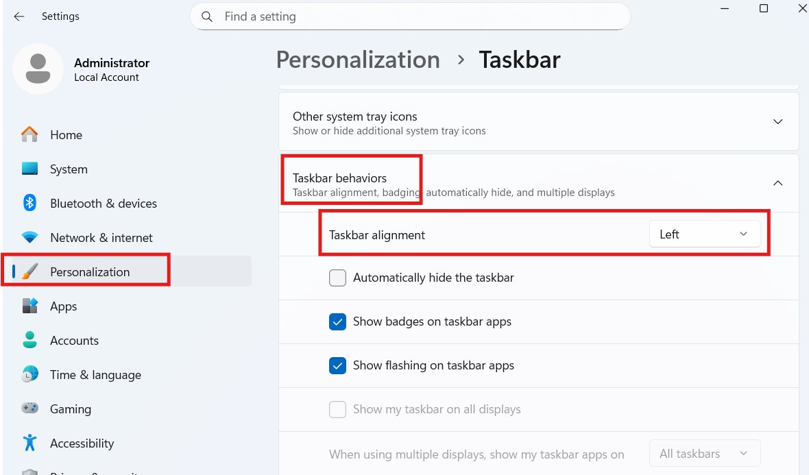 Windows 11 taskbar behaviors settings with Taskbar alignment set to Left