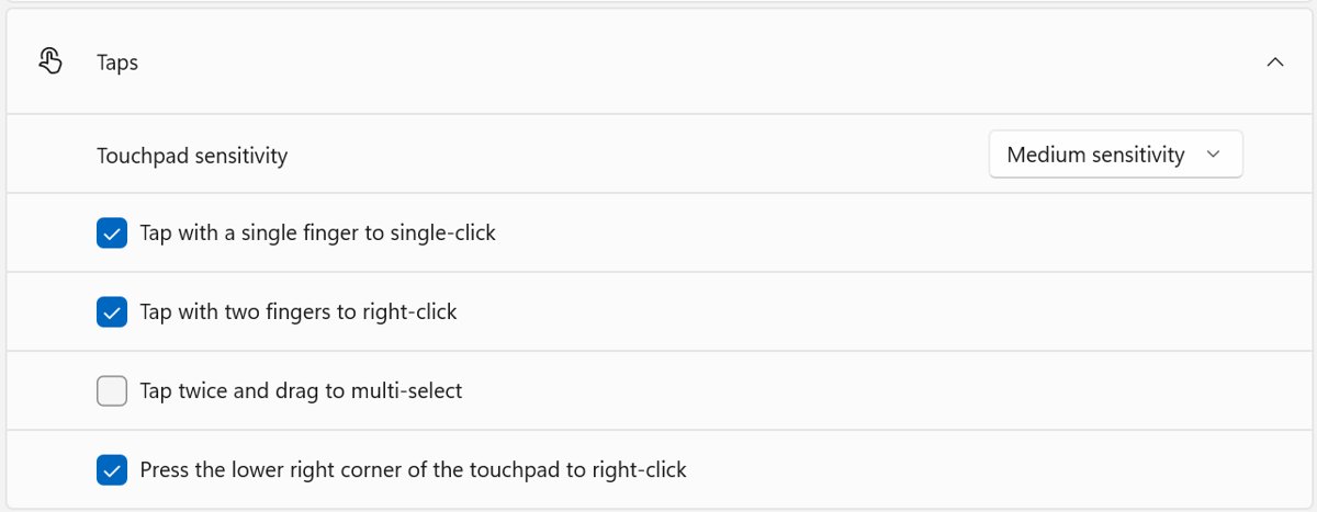 Windows 11 touchpad Taps settings with single-finger click and two-finger right-click checked