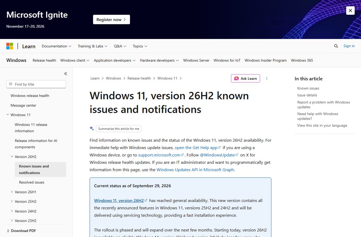 Windows 11 version 26H2 known issues and notifications page on Microsoft Learn