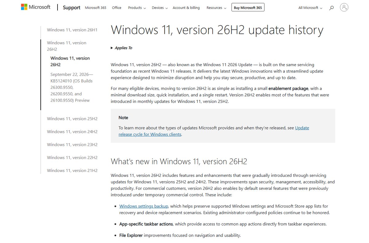 Windows 11 version 26H2 update history page listing KB5124010 and OS builds 26300.9550