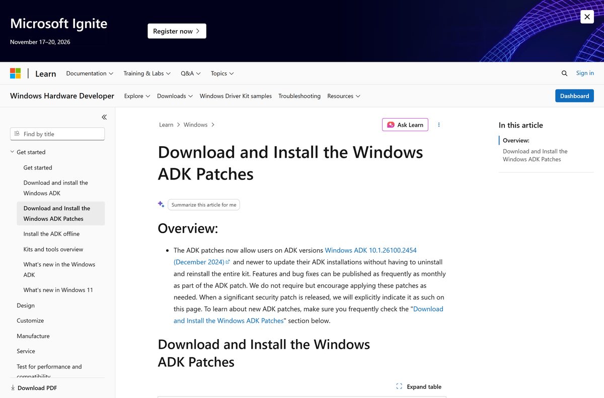 Microsoft Learn patches page showing KB5120996 and KB5101684 release notes