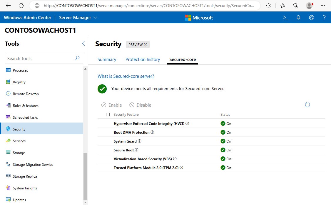 Windows Admin Center Secured-core tab listing six security features all On