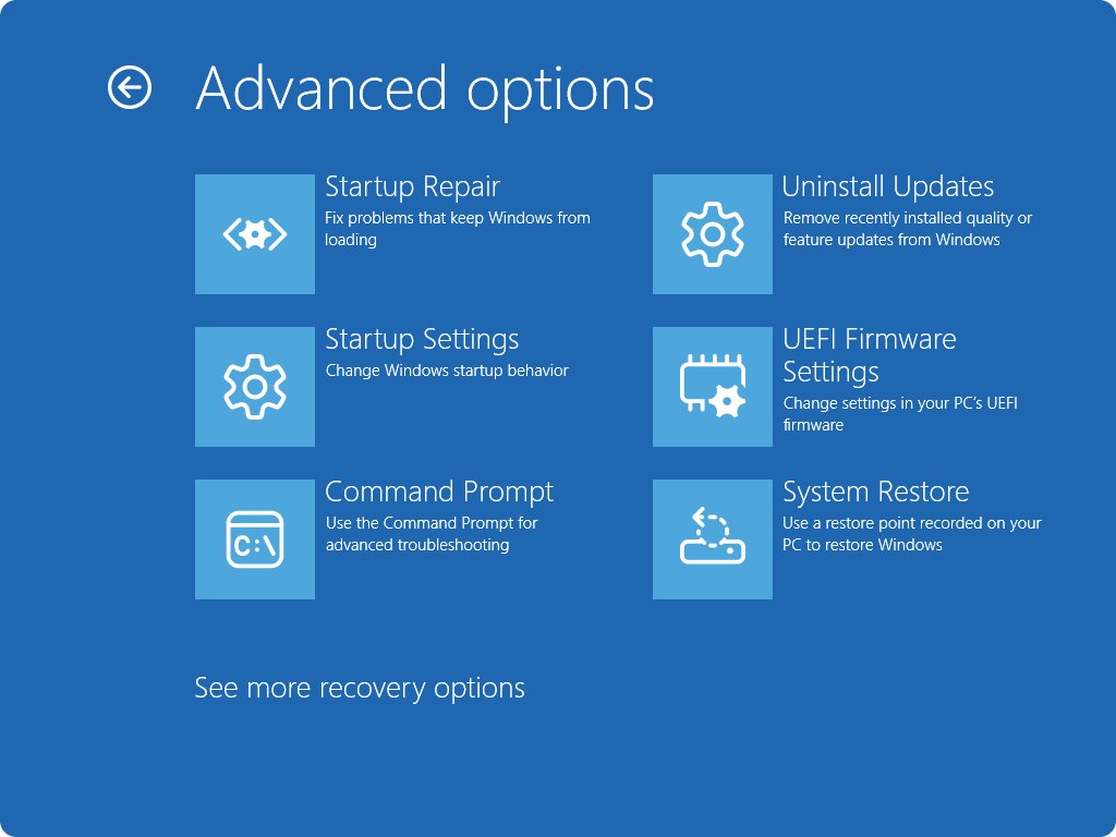 Windows Advanced options screen listing Startup Repair and Command Prompt tools