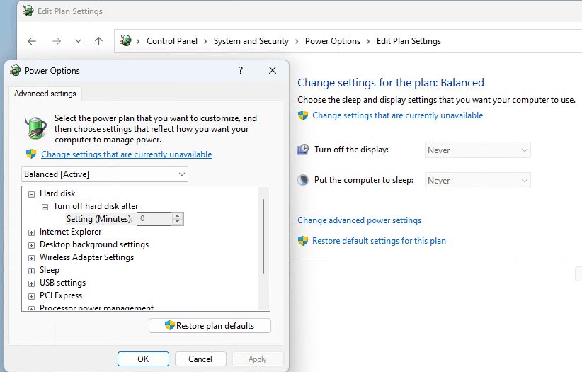 Windows Advanced power settings dialog with USB and PCI Express categories
