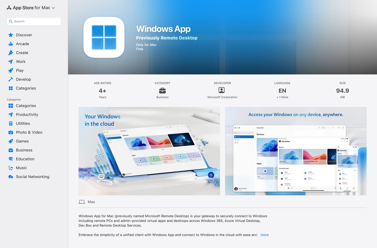 Windows App by Microsoft Corporation on the Mac App Store