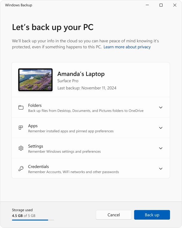 Windows Backup app listing Folders, Apps, Settings and Credentials with a Back up button