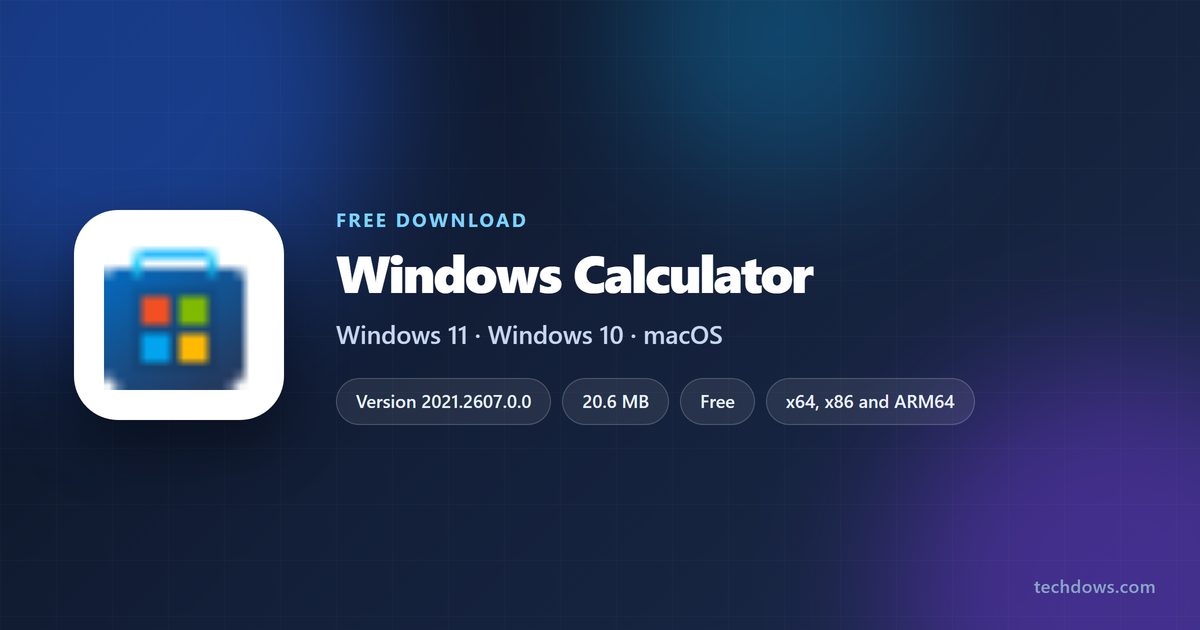 Windows Calculator icon with version, download size and supported systems