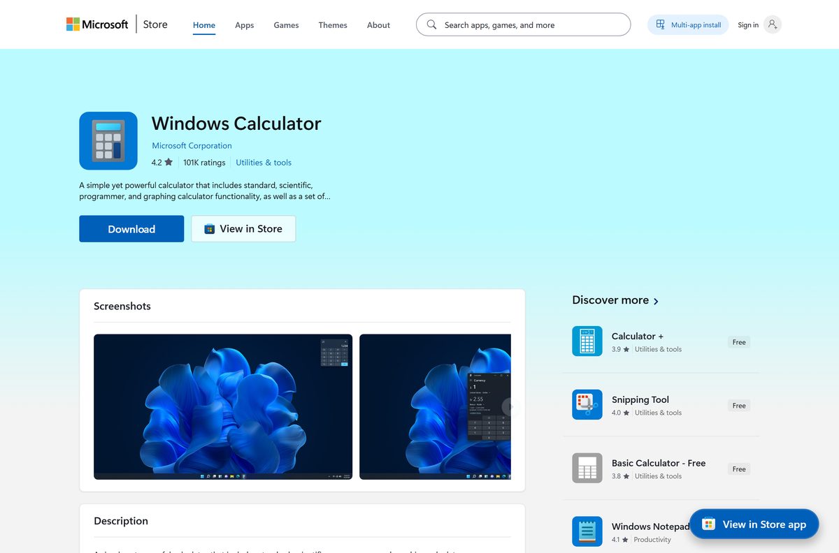 Microsoft Store listing for Windows Calculator with its rating and Get button