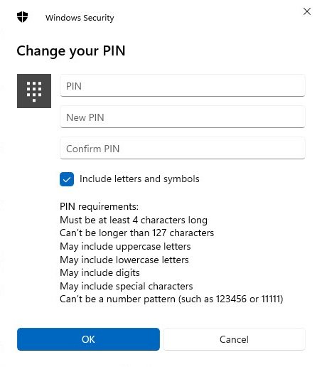 Windows Change your PIN dialog with PIN complexity requirements listed