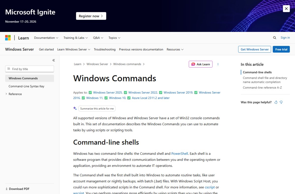 Windows Commands reference page on Microsoft Learn listing command syntax