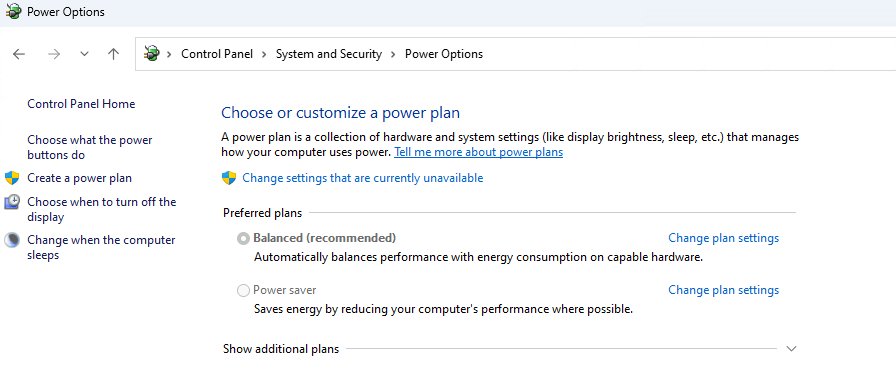 Windows Control Panel Power Options list showing Balanced and Power saver plans