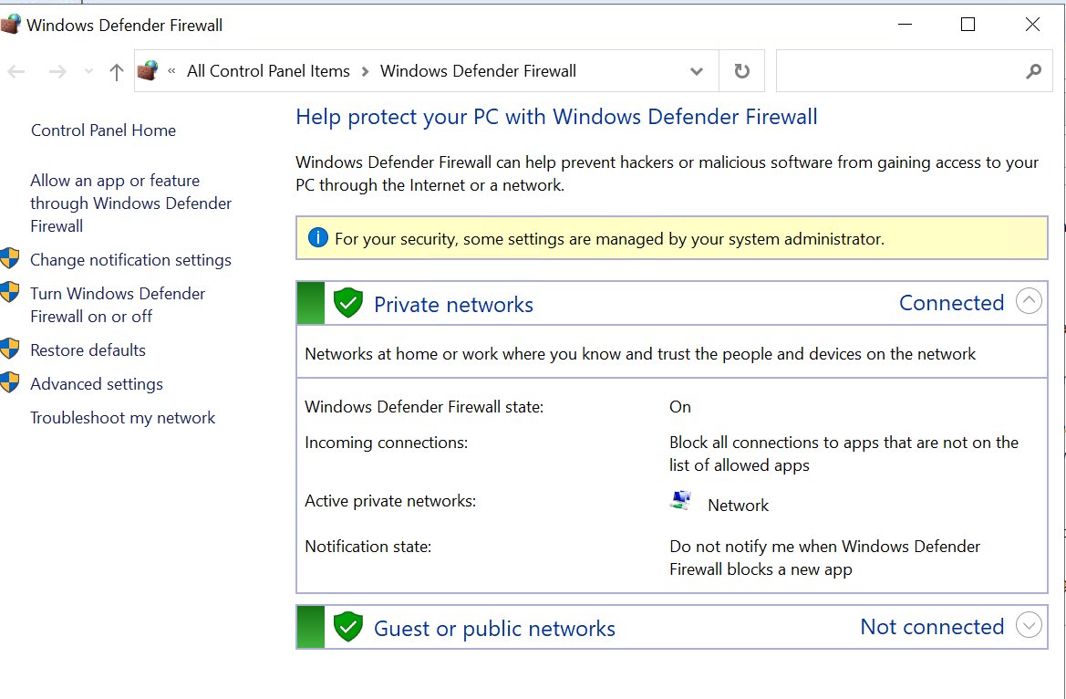Windows Defender Firewall Control Panel window showing Private networks status