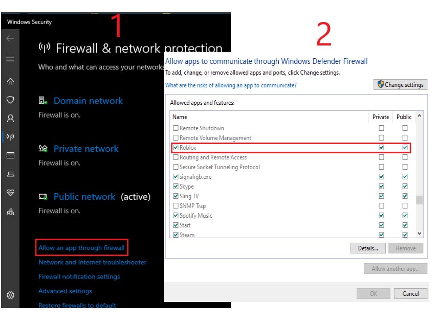 Windows Defender Firewall list with the Roblox entry checked