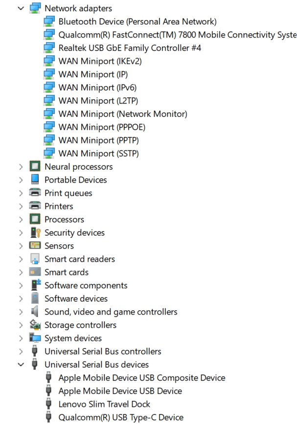 Windows Device Manager showing an iPhone listed under USB devices, not network adapters