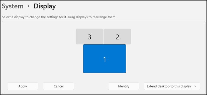 Windows Display settings screen with three drag-to-arrange monitor boxes