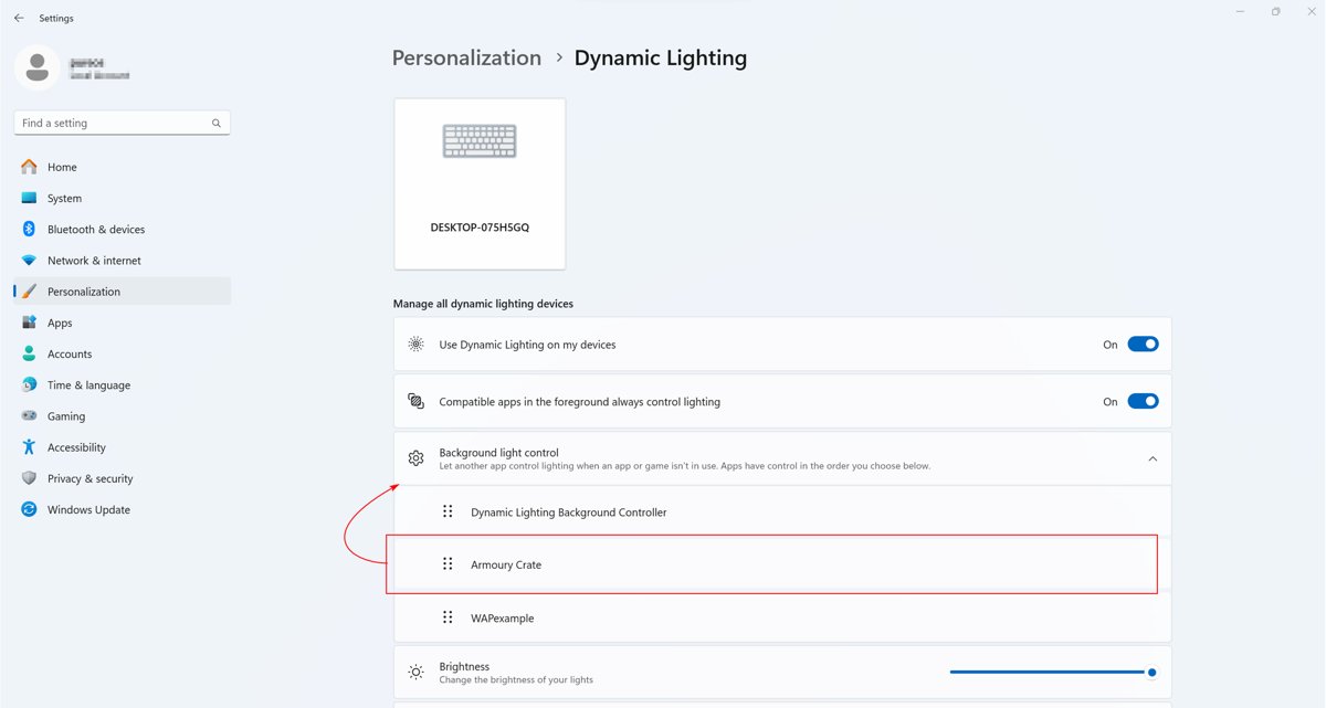 Windows Dynamic Lighting settings with Armoury Crate highlighted for priority