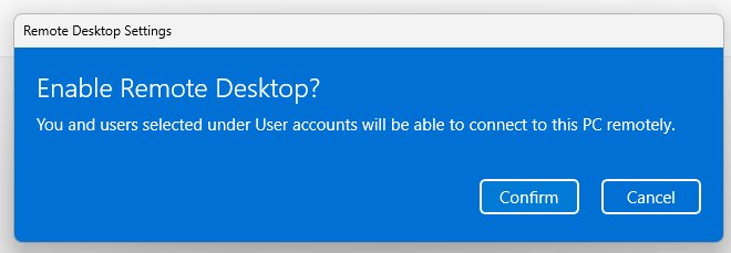Windows Enable Remote Desktop confirmation dialog with Confirm and Cancel buttons