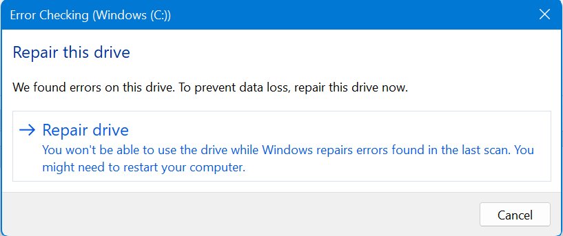 Windows Error Checking dialog offering to repair drive C