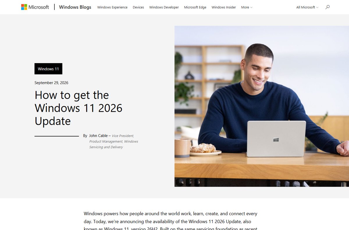 Windows Experience Blog post announcing the Windows 11 2026 Update
