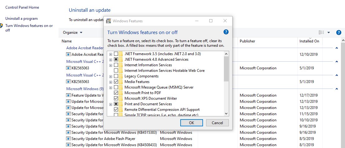 Windows Features list with no Internet Explorer 11 entry between other items