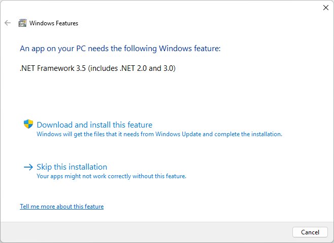 Windows Features prompt to download and install .NET Framework 3.5