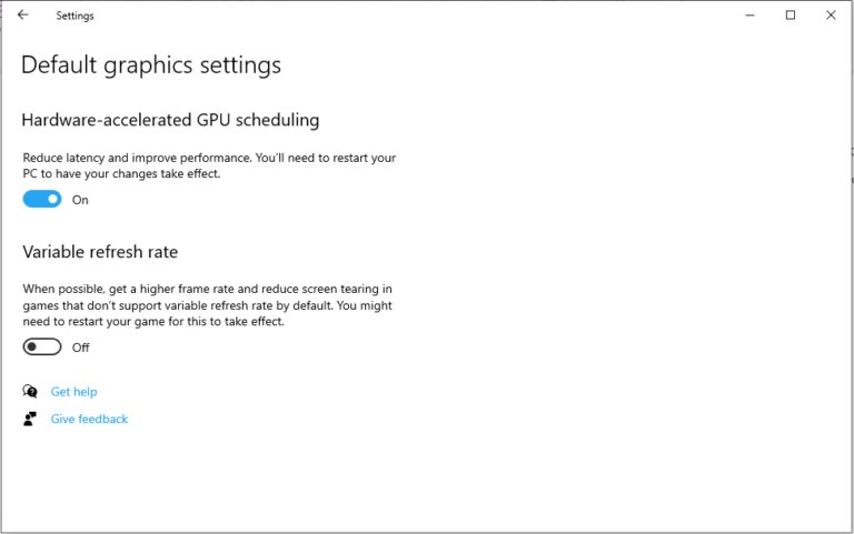 Windows Graphics settings page with GPU scheduling toggle switched on