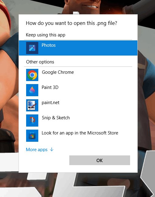 Windows Open with dialog listing Paint 3D among available apps
