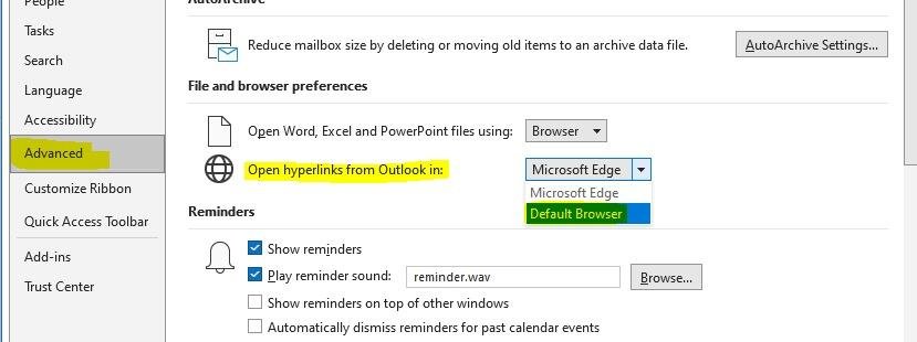 Windows Outlook Advanced settings for opening hyperlinks in another browser