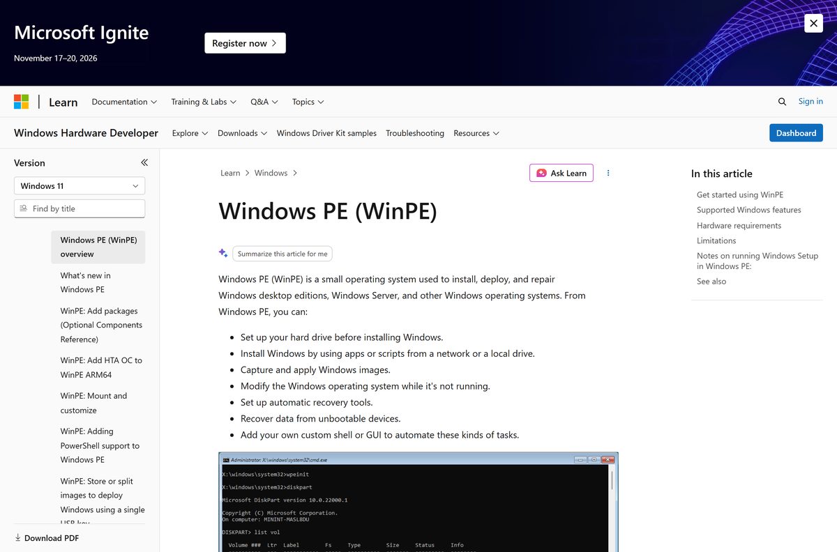 Microsoft Learn overview of Windows PE hardware requirements and its limitations