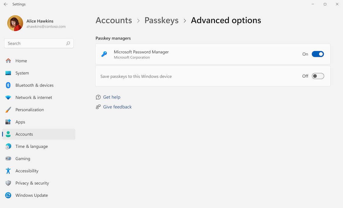Windows Passkeys advanced options page with Microsoft Password Manager toggle