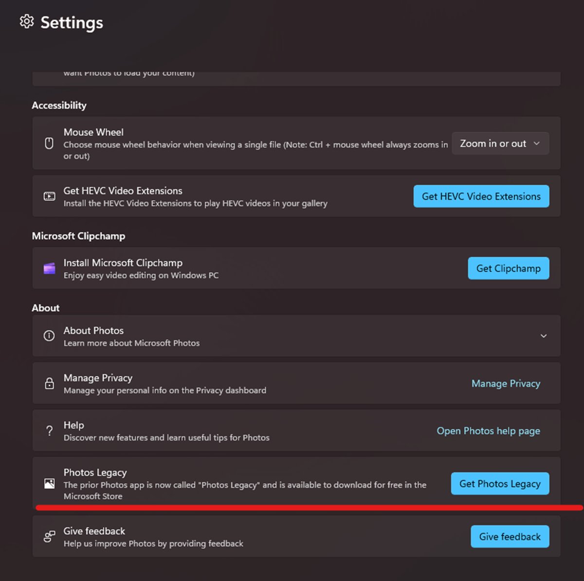 Windows Photos Settings page with Install Clipchamp and Photos Legacy options